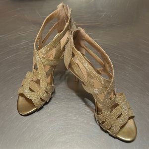 Marc Fisher Gold Strappy Zip Back Elegant 3” Heels